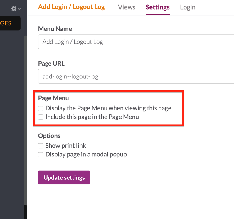 Page Menu Knack Screenshot for Last Login and Logout (View Based)