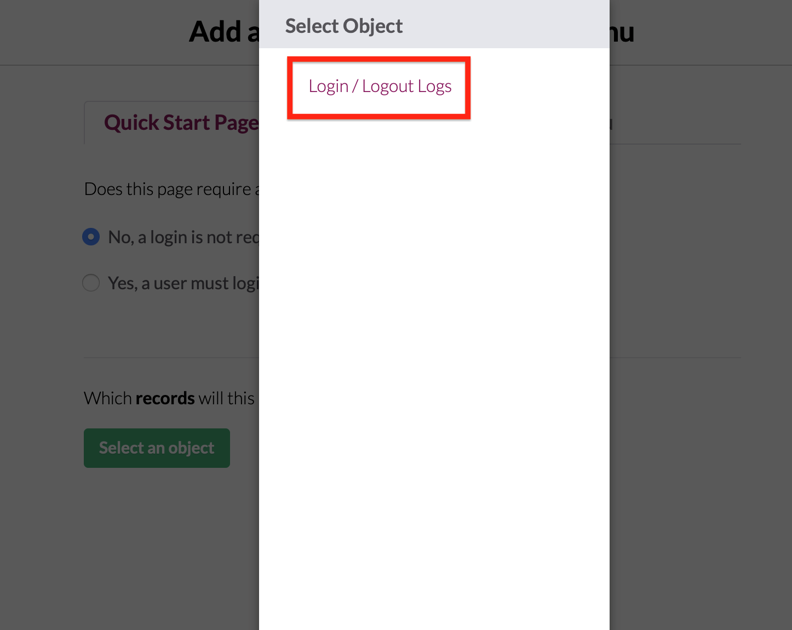 Select Object Knack Screenshot for Last Login and Logout (View Based)
